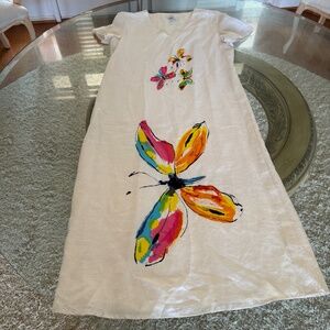 Bloomingdale’s 100% Linen Maxi Dress Womens 12 Butterfly Print Fully Lined Boho